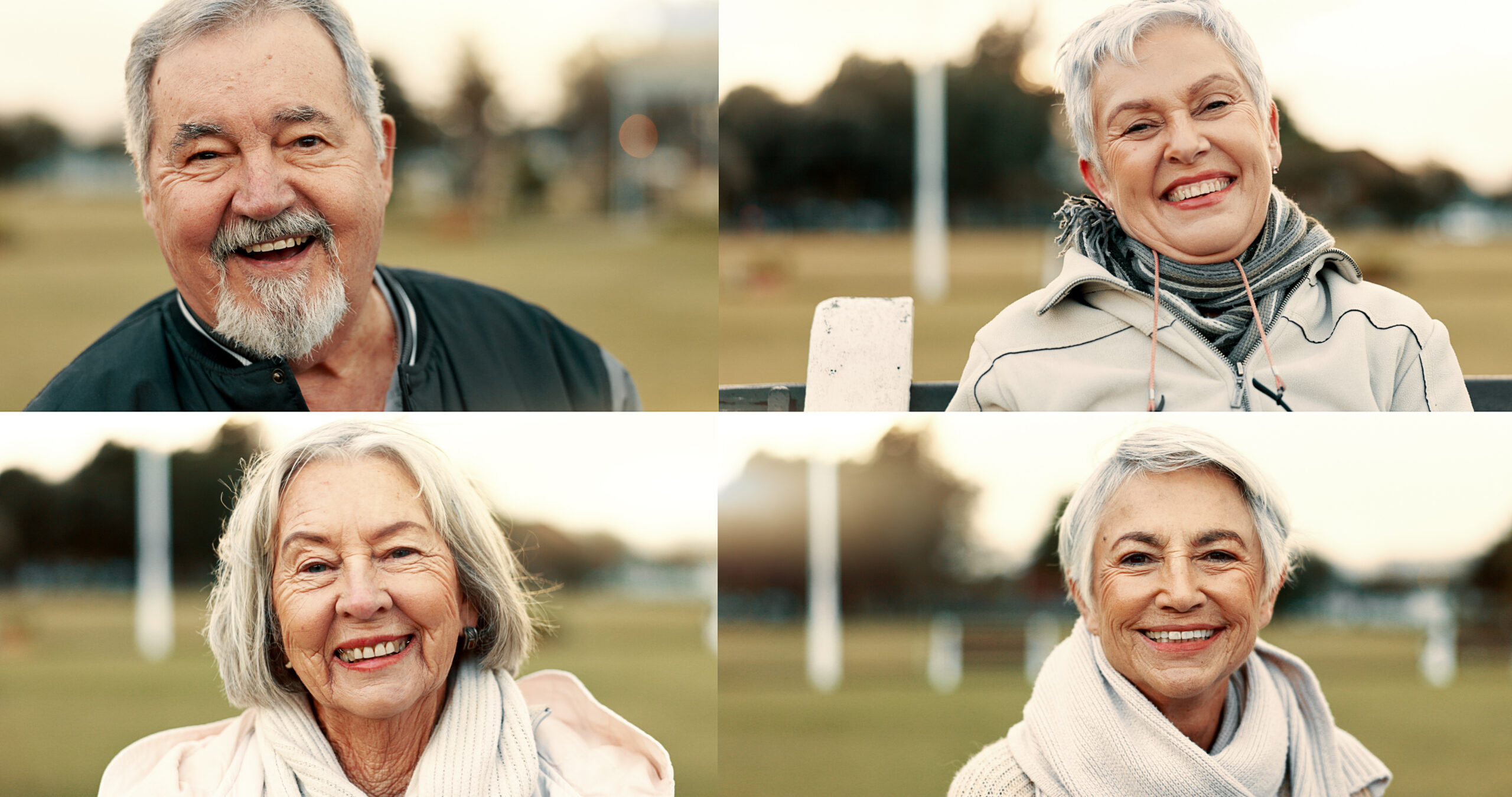 Collage, sports field and portrait of senior people faces as fans at a match and happy for competit.